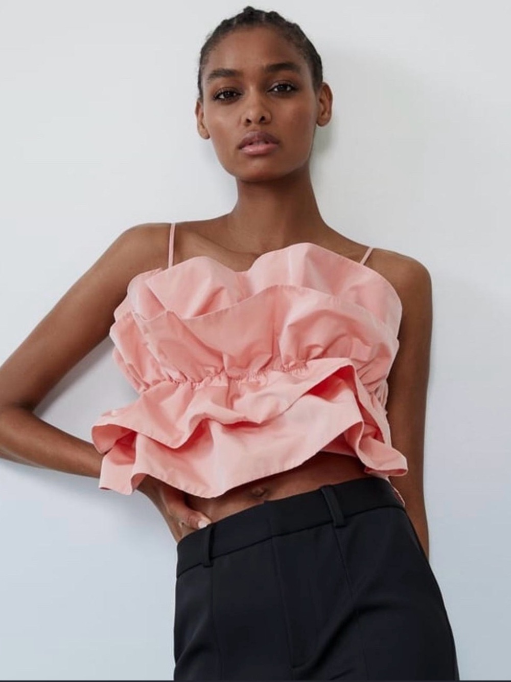 Zara Voluminous Taffeta Dusty Pink Ruffle Tiered Spaghetti Strap Top Size S